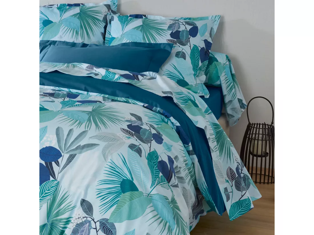 Drap plat 240x310 cm percale de coton MOOREA PACIFIC bleu/vert