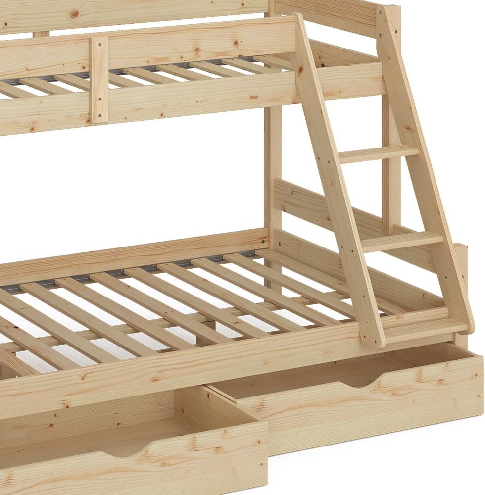 Etagenbett 120x200 / 80x200 cm Everest mit Schubladen - Naturholz 208x131x139 cm aus Holz - Bett für Kinder & Gäste, inklusive Lattenroste