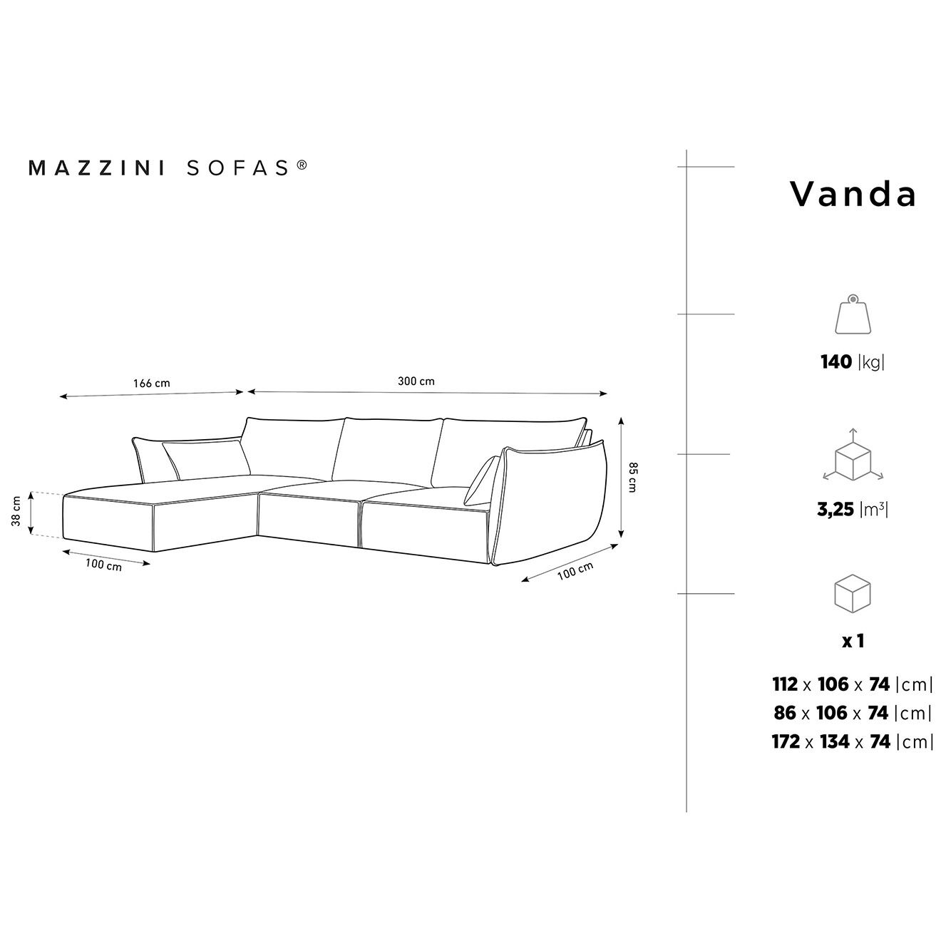 Mazzini Sofas Canapé d'angle gauche Velours Vanda 4 Places beige clair - 300x166x85 cm