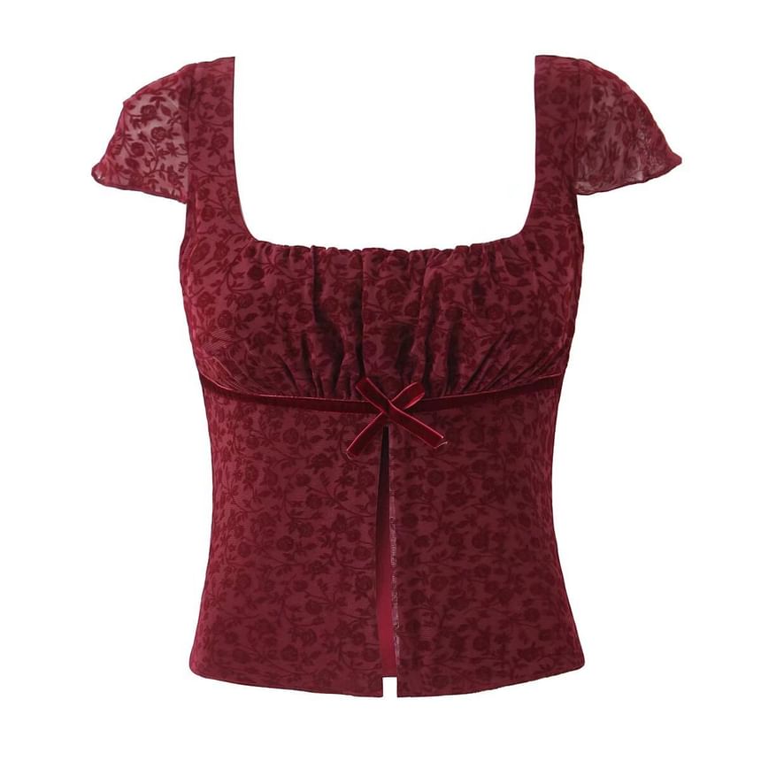 Trisica - Crop top met vierkante hals, kanten split en kapmouwtjes