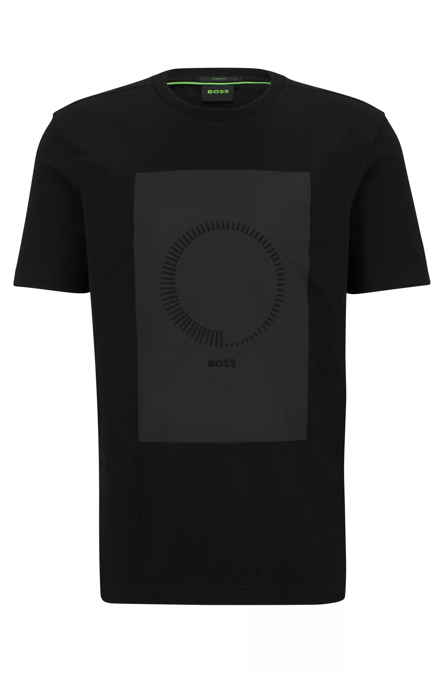 Camiseta BOSS verde em algodão stretch com estampa e bordado.