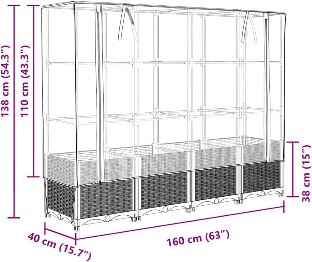 vidaXL Hochbeet mit Gewächshaus-Aufsatz, Pflanzbeet mit Eisenrohr-Rahmen, Gemüsebeet für Garten Terrasse Balkon, Pflanzkasten Frühbeet, Rattan-Optik