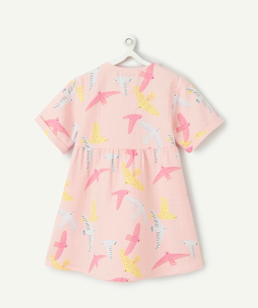 robe manches courtes bébé fille en coton bio rose et imprimé oiseaux