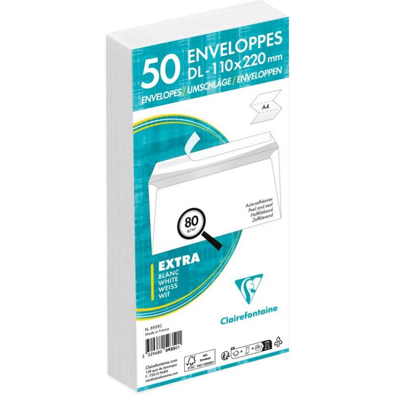 Enveloppe Clairefontaine 80 g/m² blanche avec bande de protection - Paquet de 50