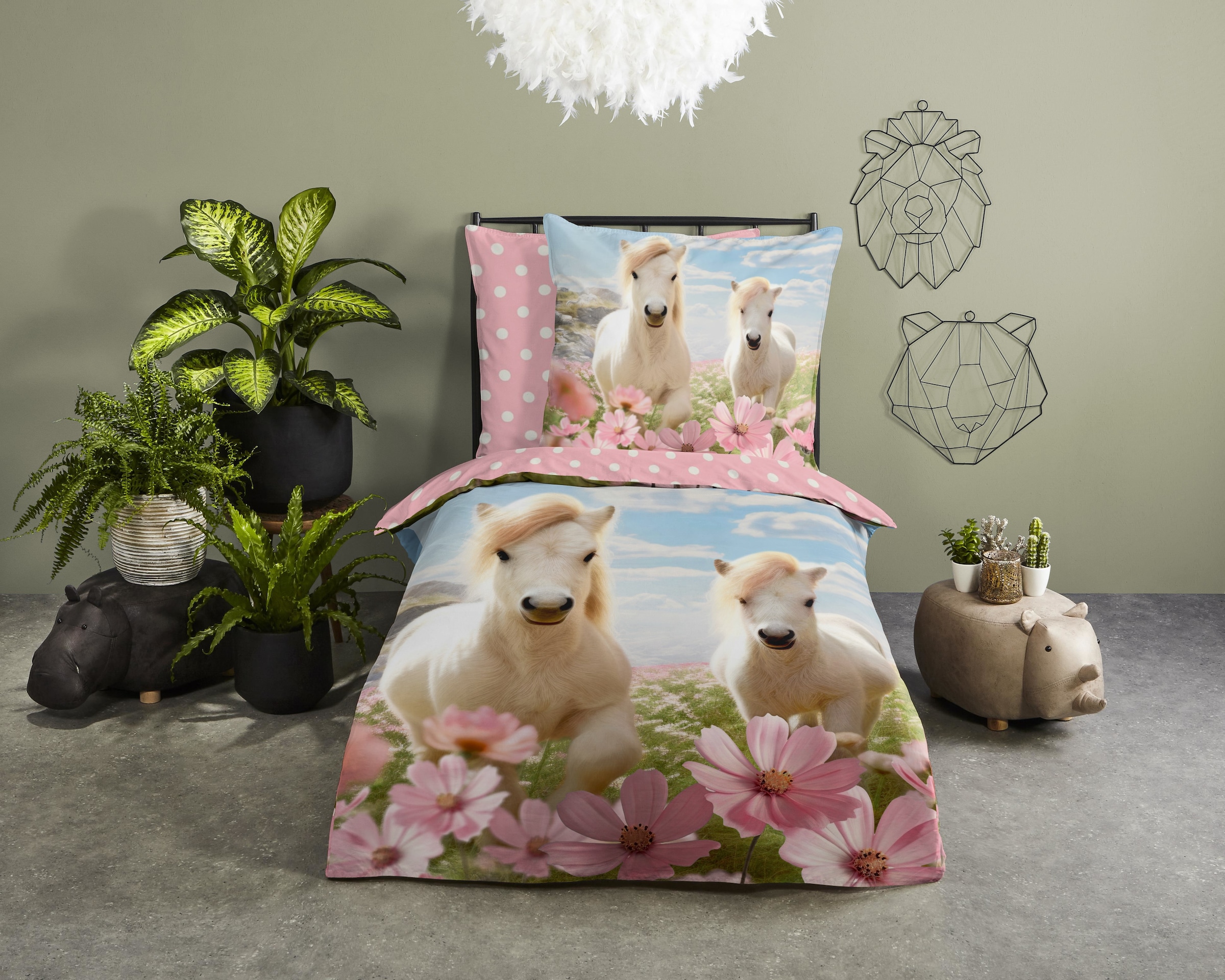 good morning Kinderbettwäsche »Philou« 2 Stk. tlg. 100% Baumwolle, 135x200, Wendeoptik, Mädchen, Pferd, Pferde, Blumen