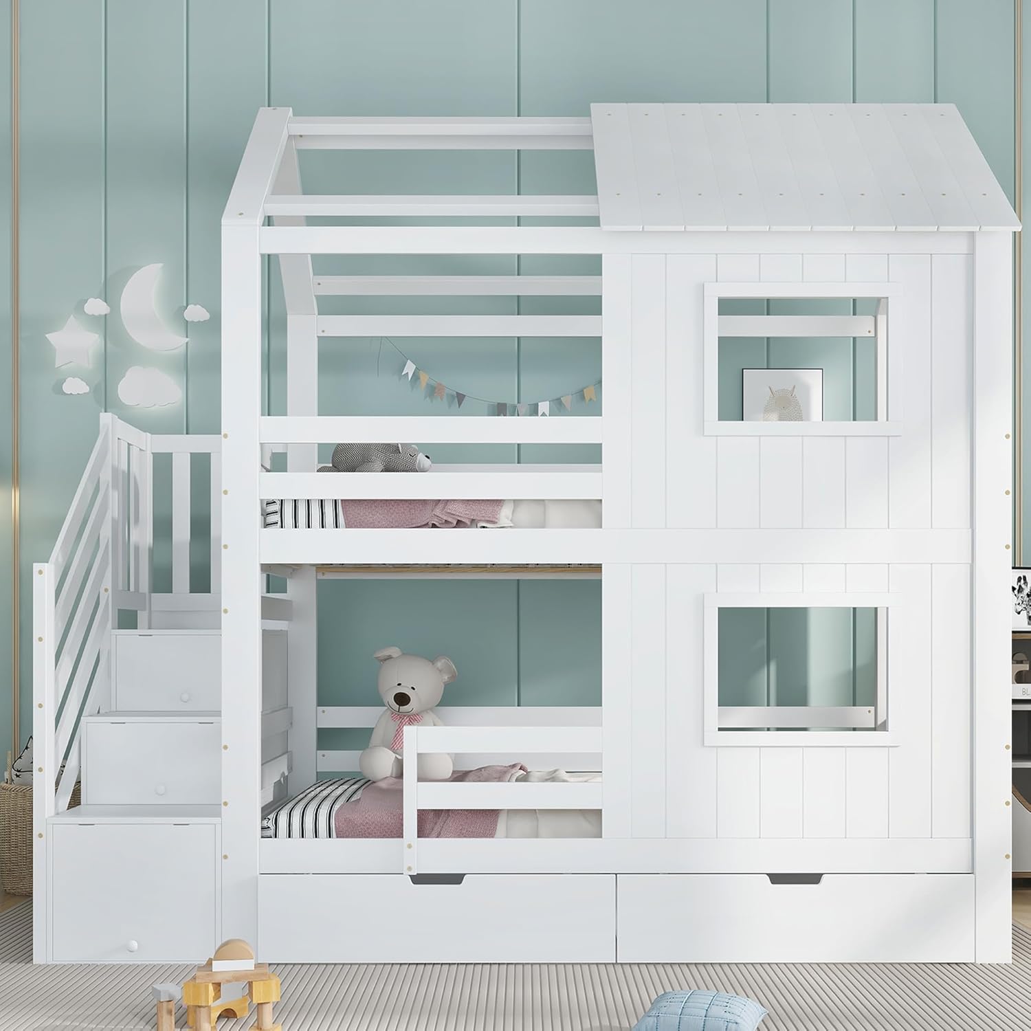 Kinderbett 90x200 cm für 2 Kinder, Etagenbett mit Stauraumtreppe, Hausbett mit Fenster und Dach, Stockbett mit 2 Schubladen, Holzbett mit Lattenrost, Weiß, ohne Matratze