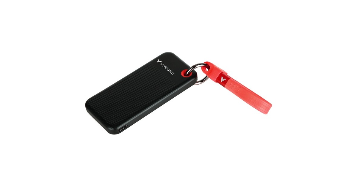 VerbatimPocket 1 TB externe SSD  (Zwart/rood, USB-C 3.2 Gen 2 (10 Gbit/s), Incl. met sleutelhanger en kabelbevestiging)