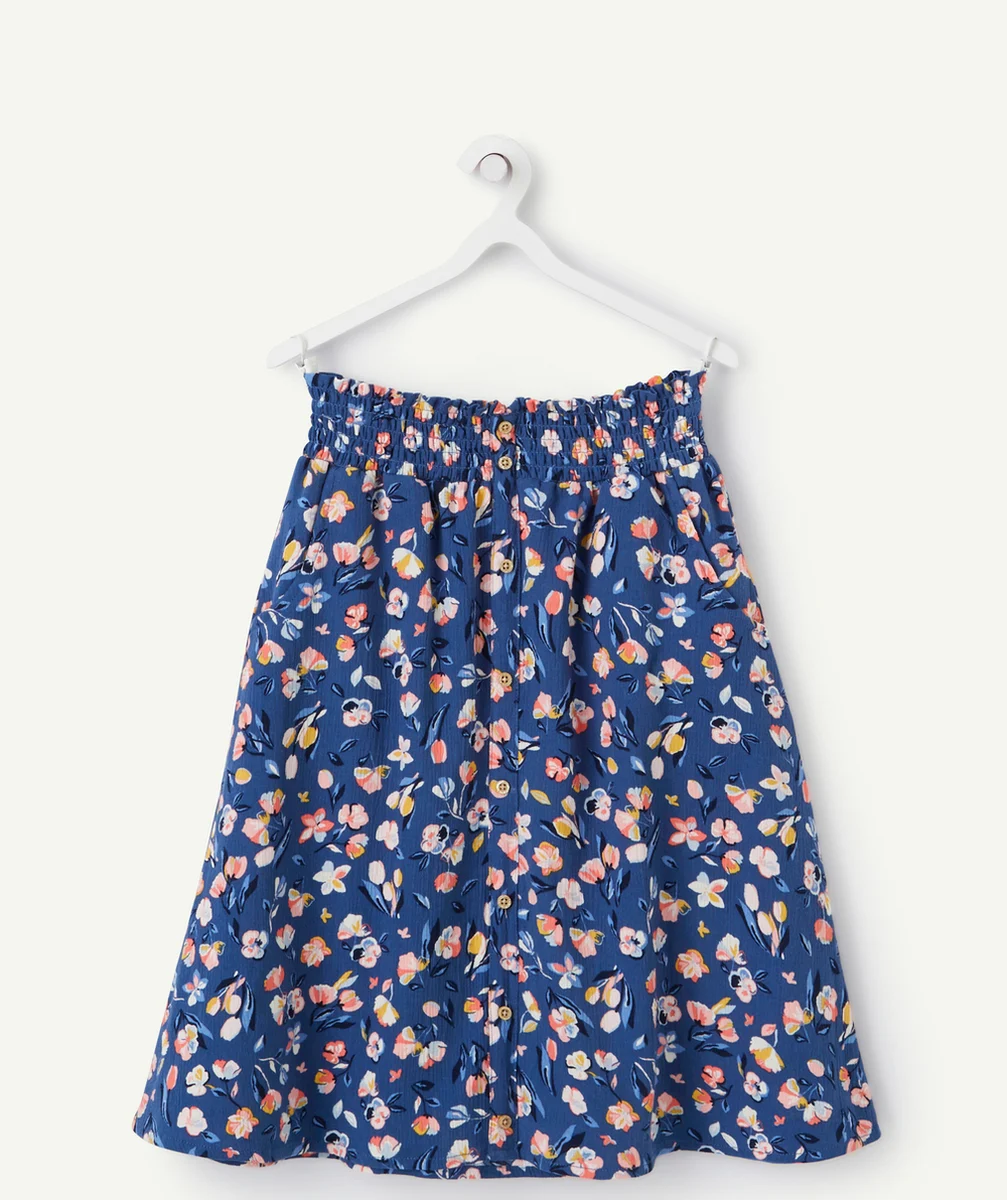 JUPE COUPE DROITE FILLE BLEUE EN COTON ET IMPRIMÉE FLEURIE