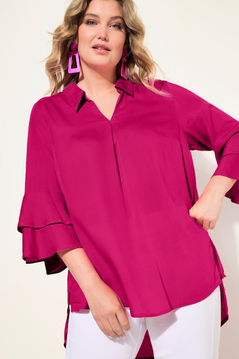 Bluse, A-Linie, Satin, 3/4-Ärmel mit Doppelvolant