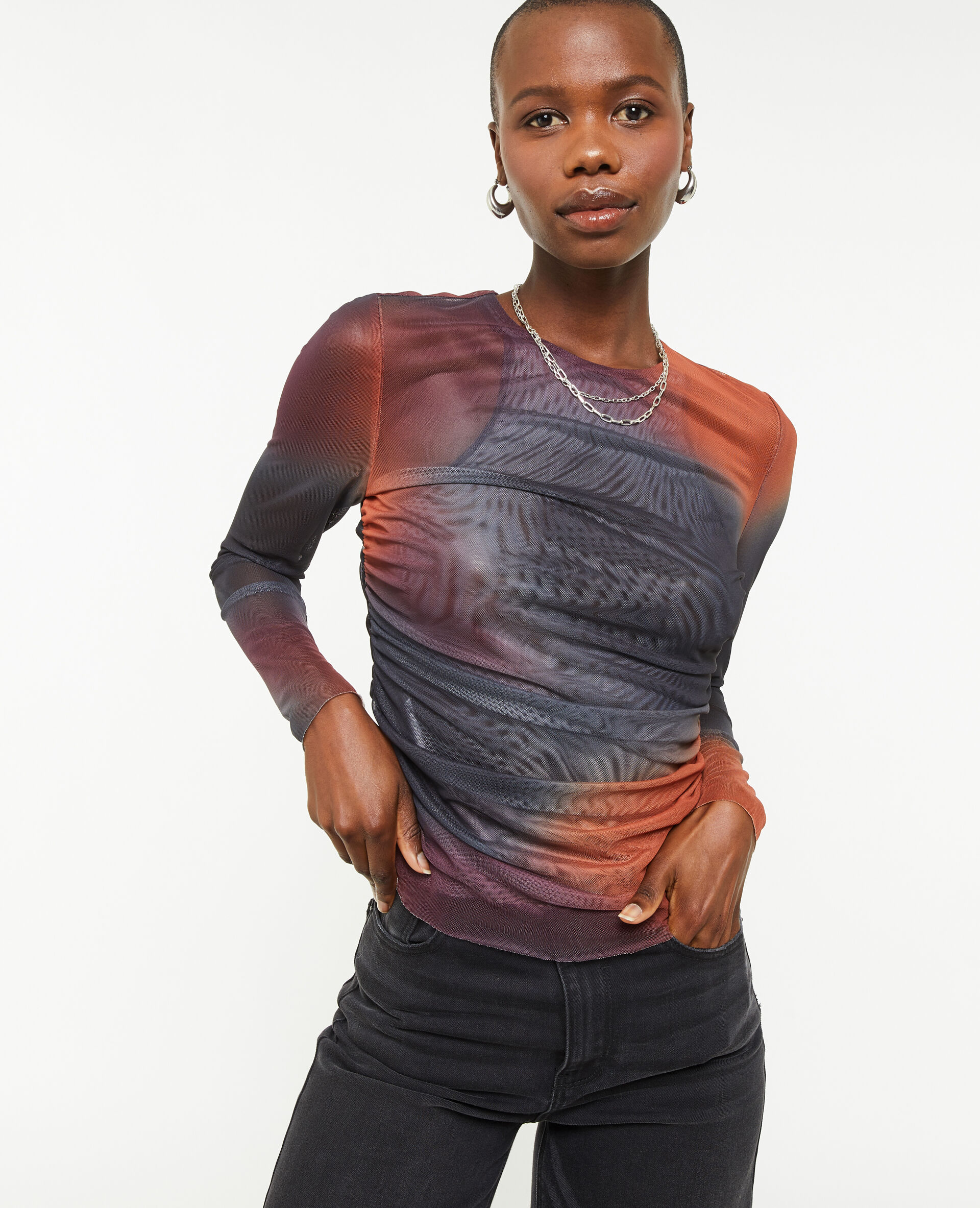 Top manches longues en tulle - Gris foncé