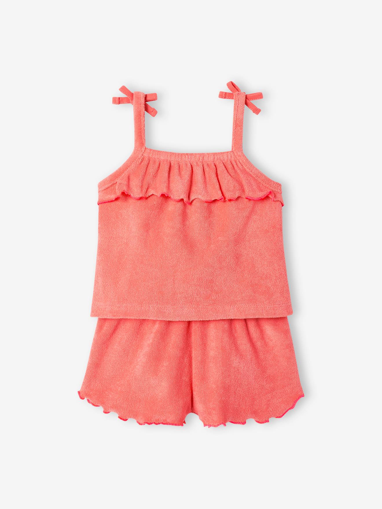Conjunto de fleece encaracolado para bebê: regata coral e shorts.