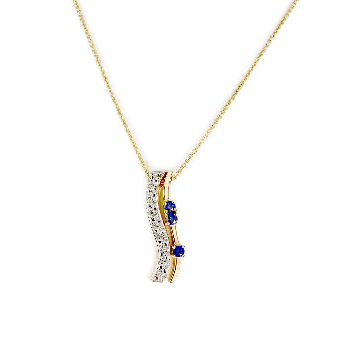 Collier d'occasion or 750 jaune pendentif diamants saphirs 40 cm