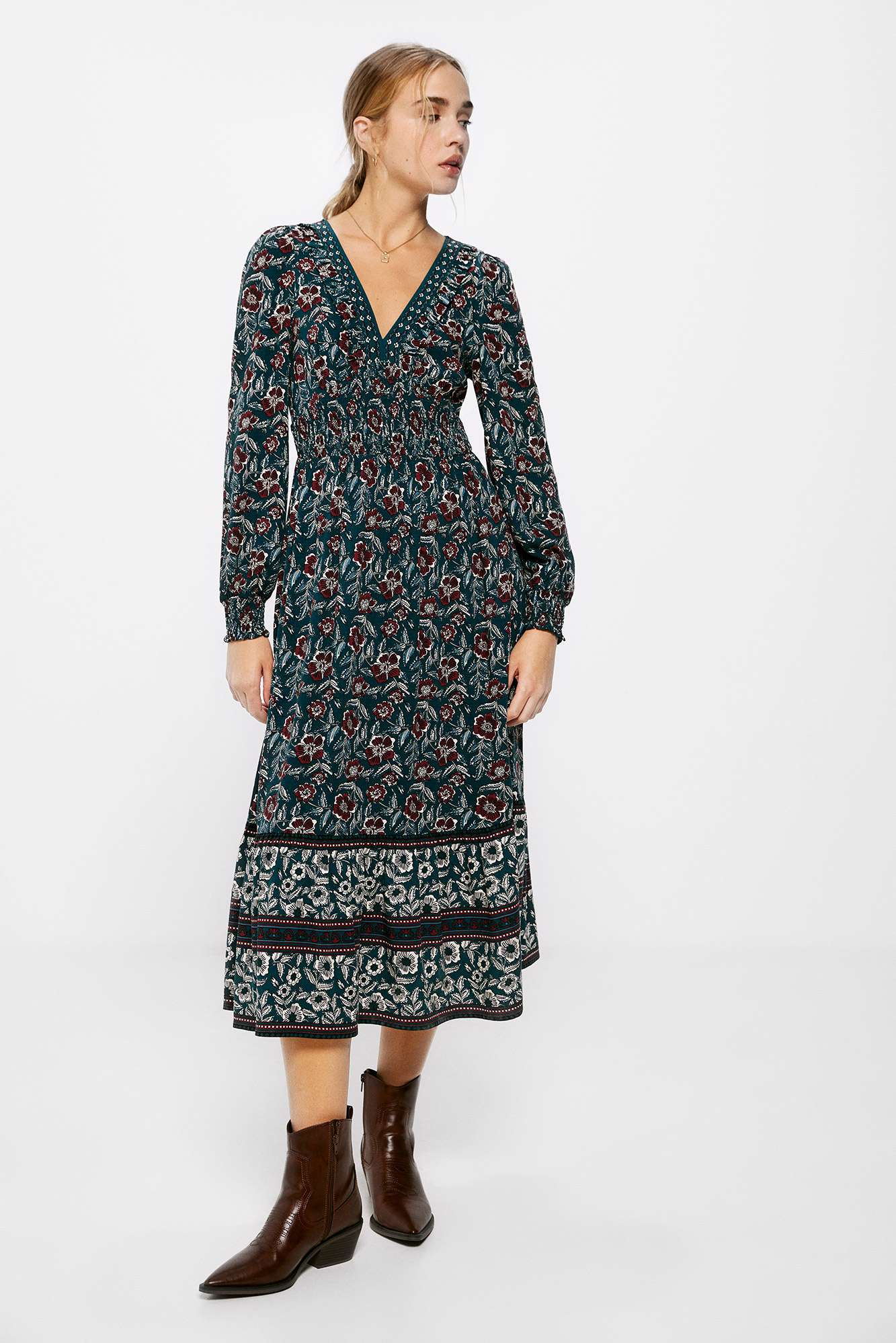 Vestido midi com borda floral