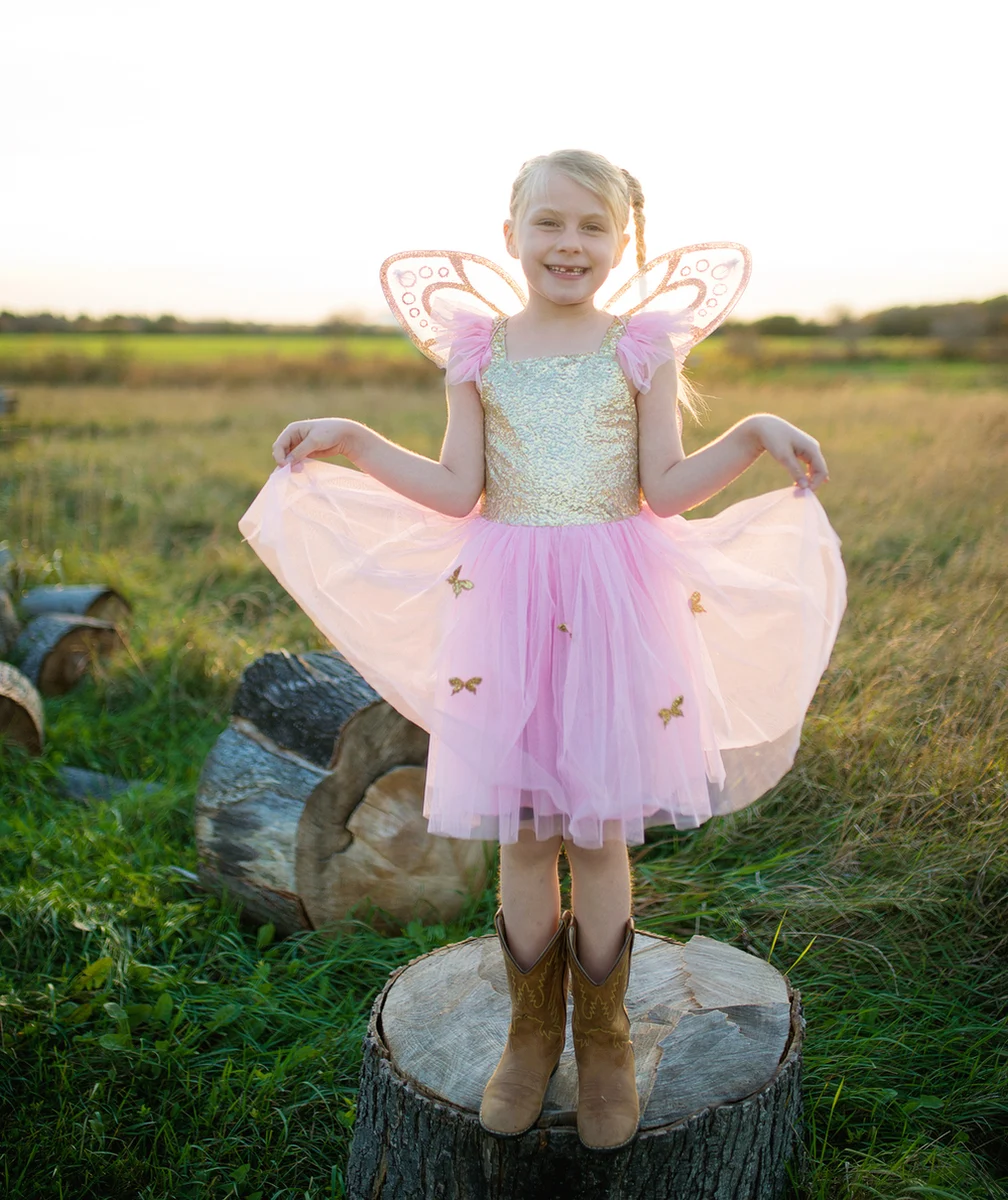 GREAT PRETENDERSDÉGUISEMENT ROBE FILLE AVEC AILES PAPILLON ROSE ET COULEUR DORÉE