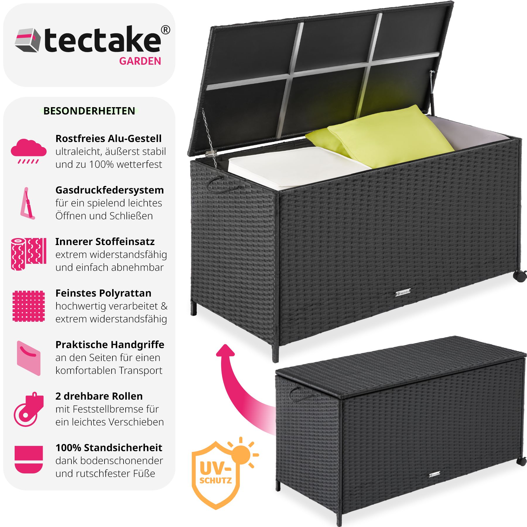 tectake® Auflagenbox, mit Aluminiumgestell und Rattangeflecht, komfortable Hubautomatik, 117 x 54 x 64 cm