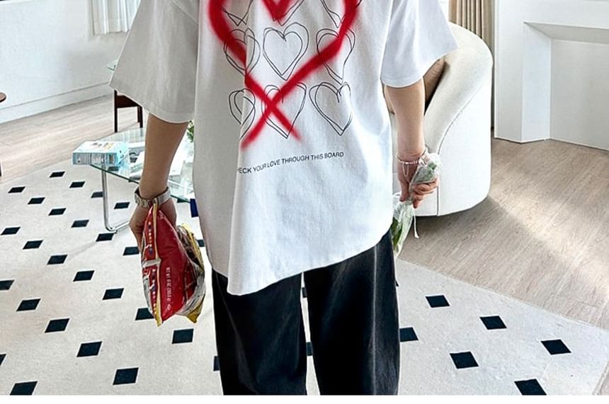 SeoulPop - T-shirt met korte mouwen en hartprint, losvallend
