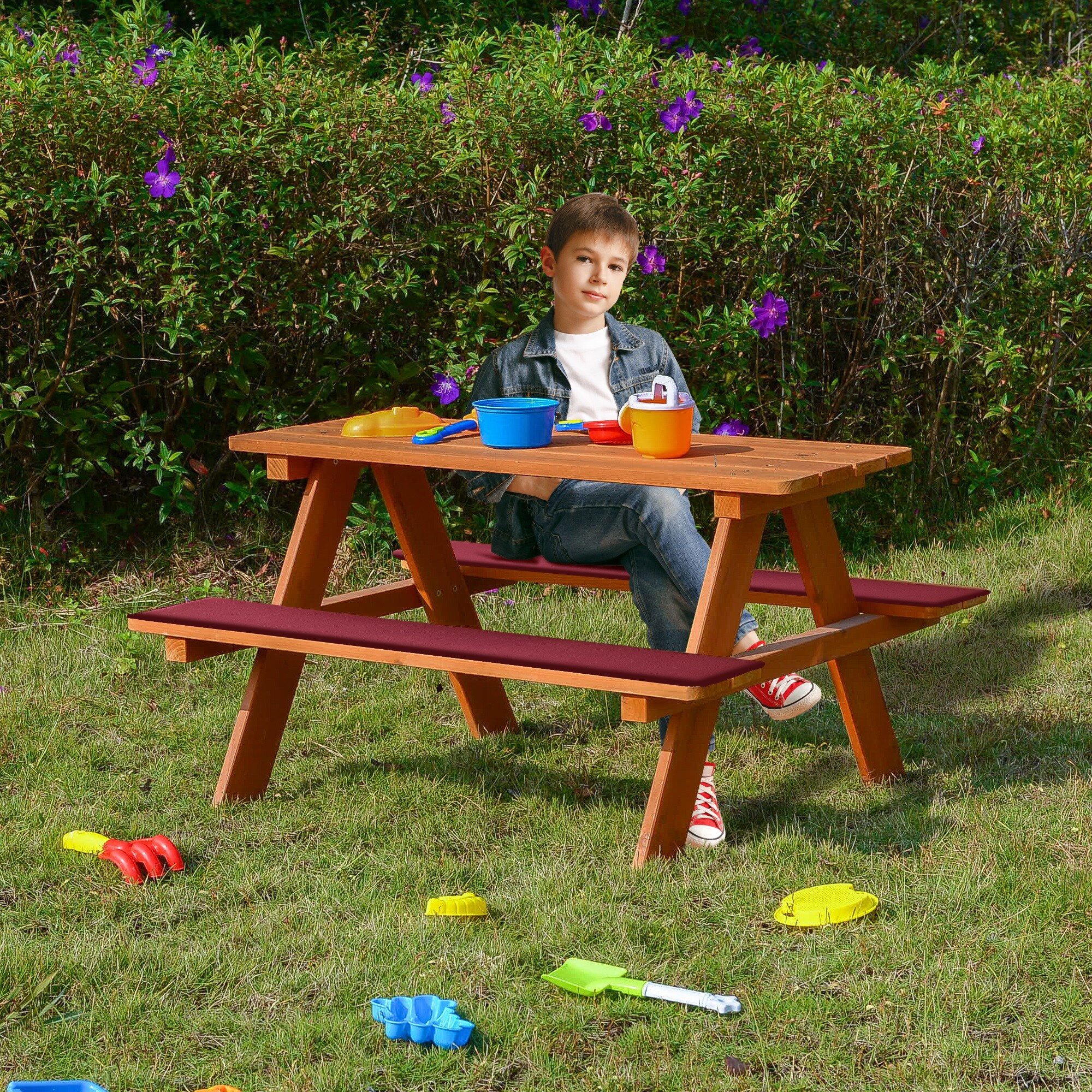 Coemo Kinder-Sitzgruppe Picknicktisch Spieltisch Holz mit zwei Sitzpolstern