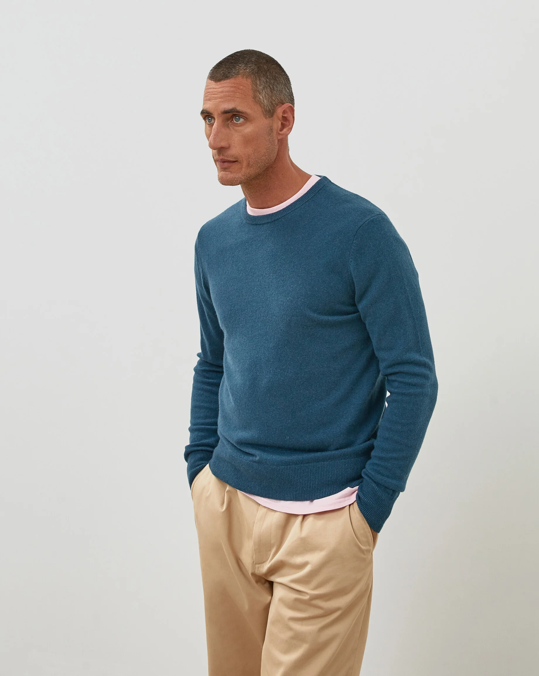 Pull homme col rond en cachemire 2 fils | Bleu