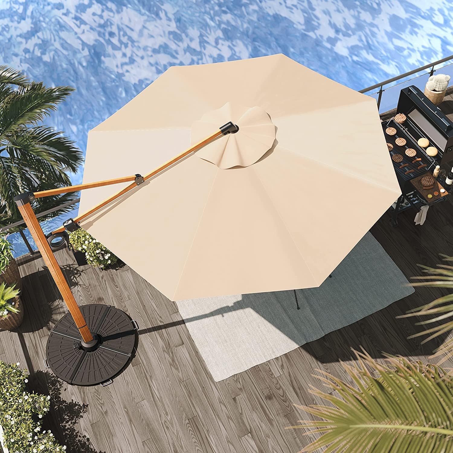 Grand patio Sonnenschirm Sonnenschutz Balkon, Ampelschirm 300 cm mit Kurbel, Windbeständig Sonnenschirme für Terrasse, Garten, Strand, UV-Schutz 50+ (Champagne, Rund)