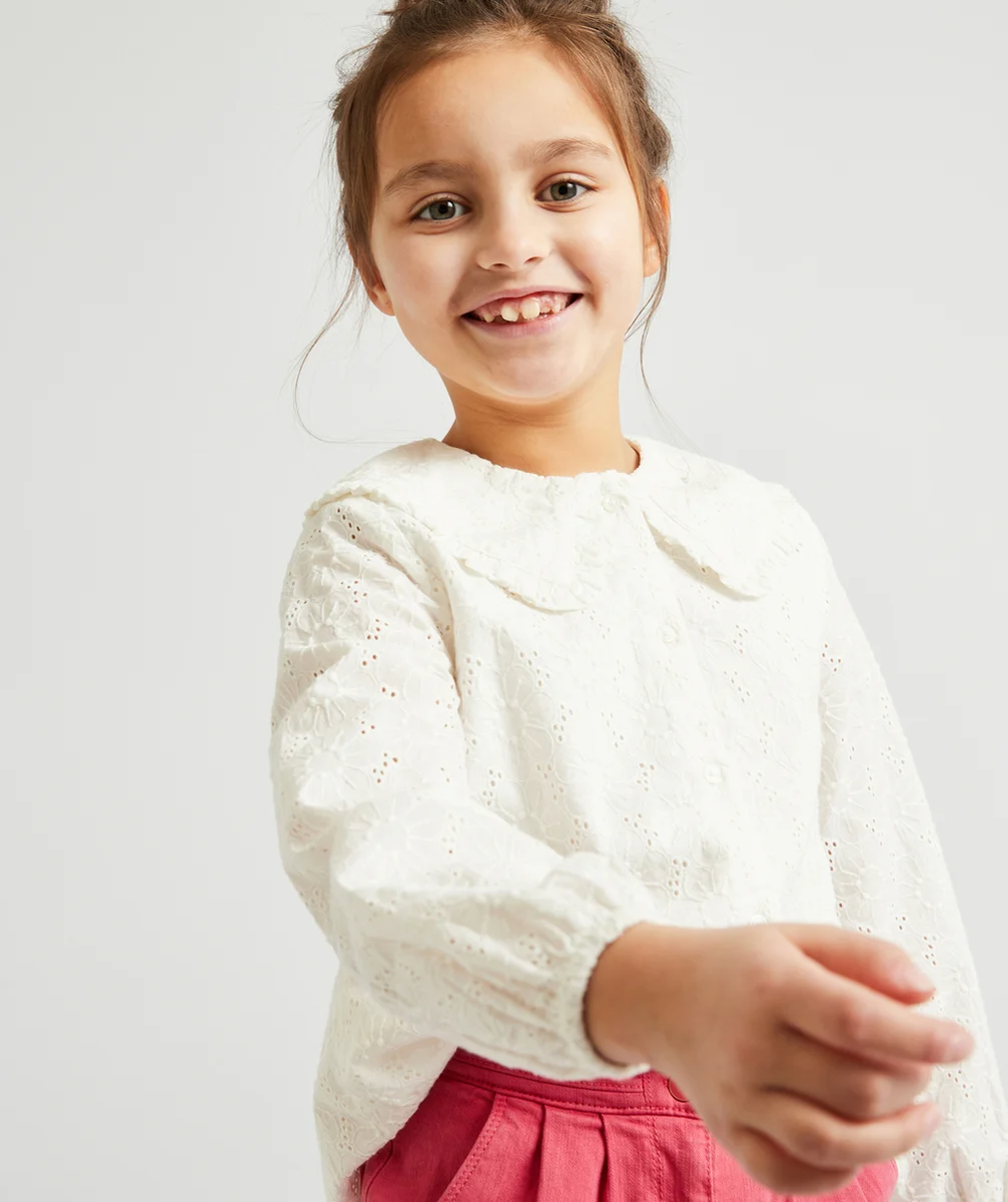 BLOUSE FILLE COL CLAUDINE BLANCHE EN BRODERIE ANGLAISE