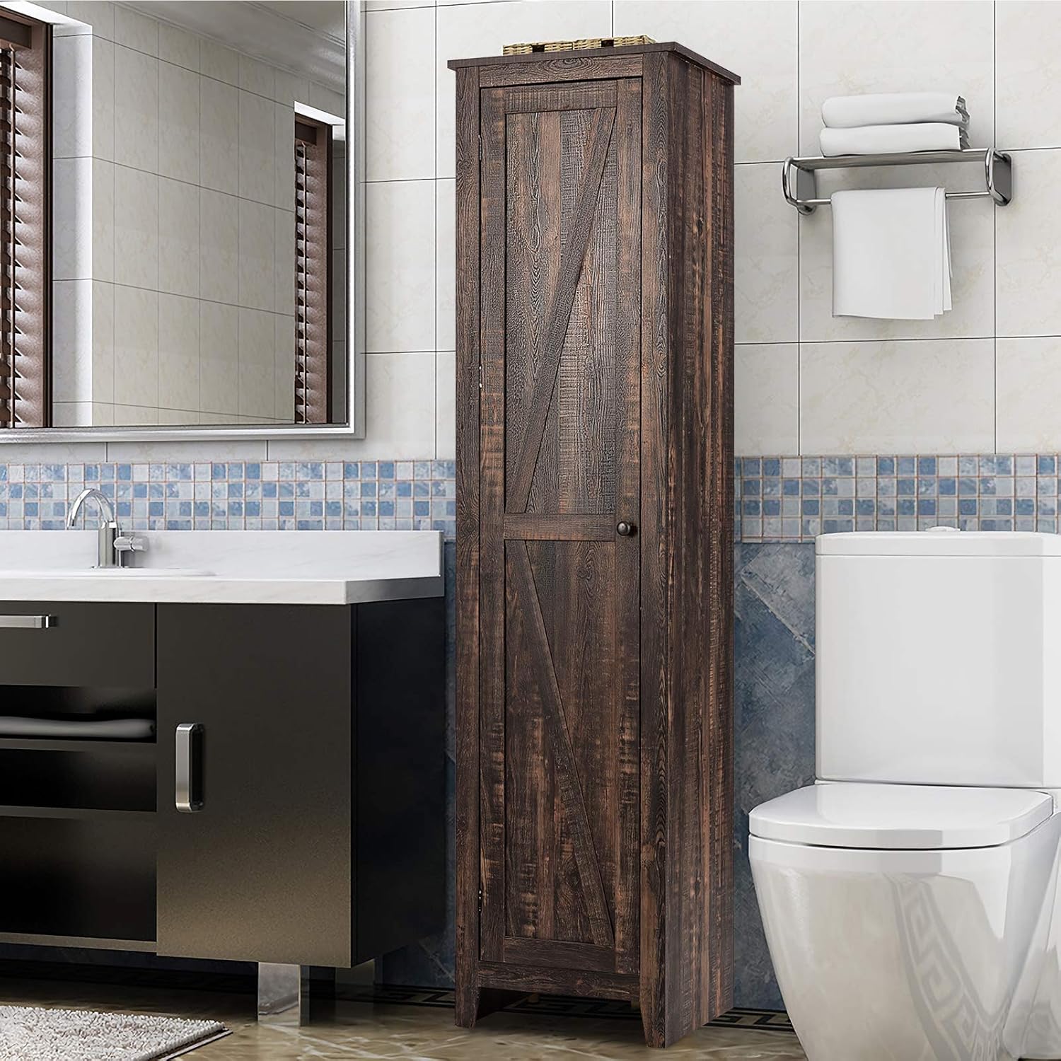 GIANTEX 183cm Hochschrank, schmaler Badezimmerschrank mit 1 Tür & 4 Ablagen, Aufbewahrungsschrank für Küche, Wohnzimmer & Badezimmer, Küchenschrank freistehend (Braun)