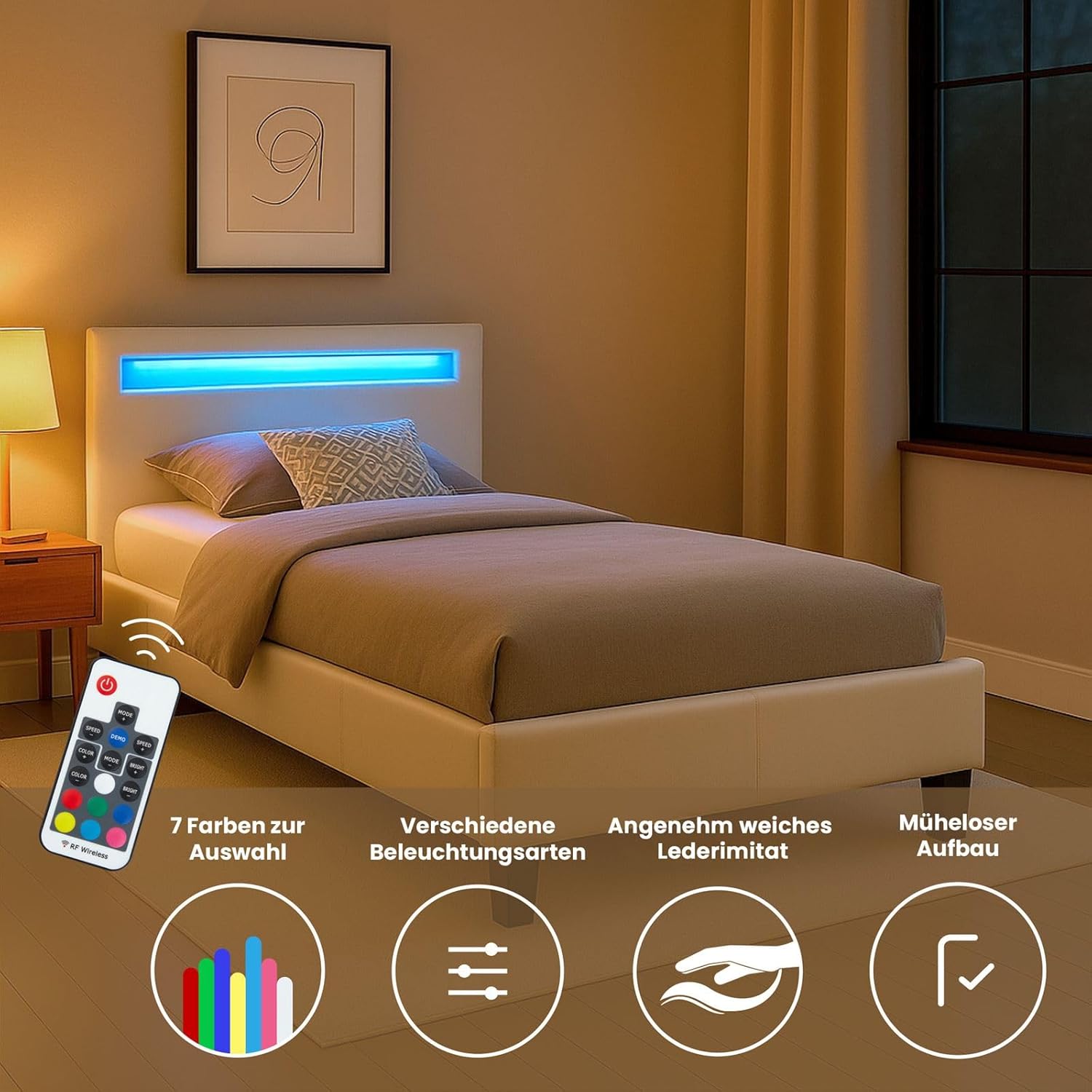 CARO-Möbel Polsterbett Mandalay mit LED Beleuchtung Einzelbett Lederbett 90 x 200 cm mit Lattenrahmen, Lederimitat in weiß