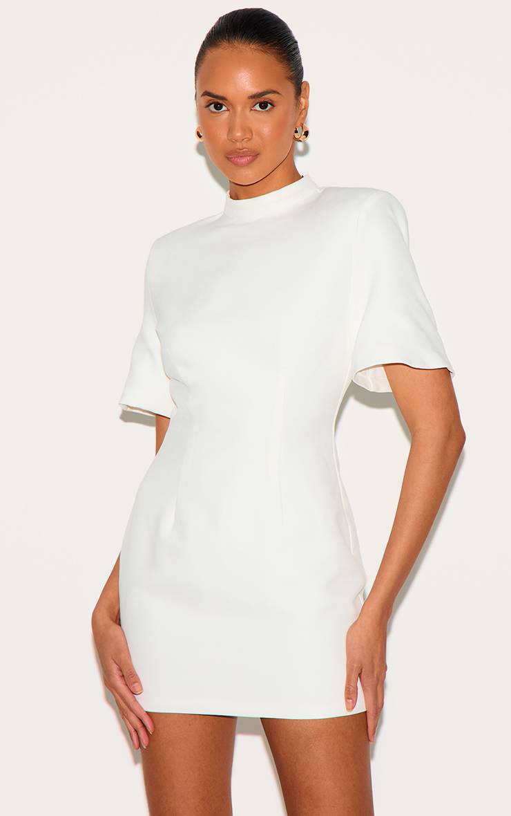 Blanc Robe Mini Cintrée Dos Nu En Tissu Tissé
