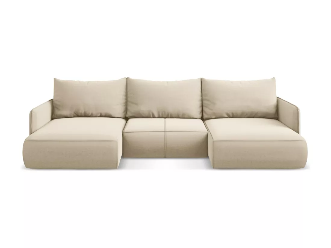 Canapé d'angle panoramique convertible en velours - beige clair - NANEA