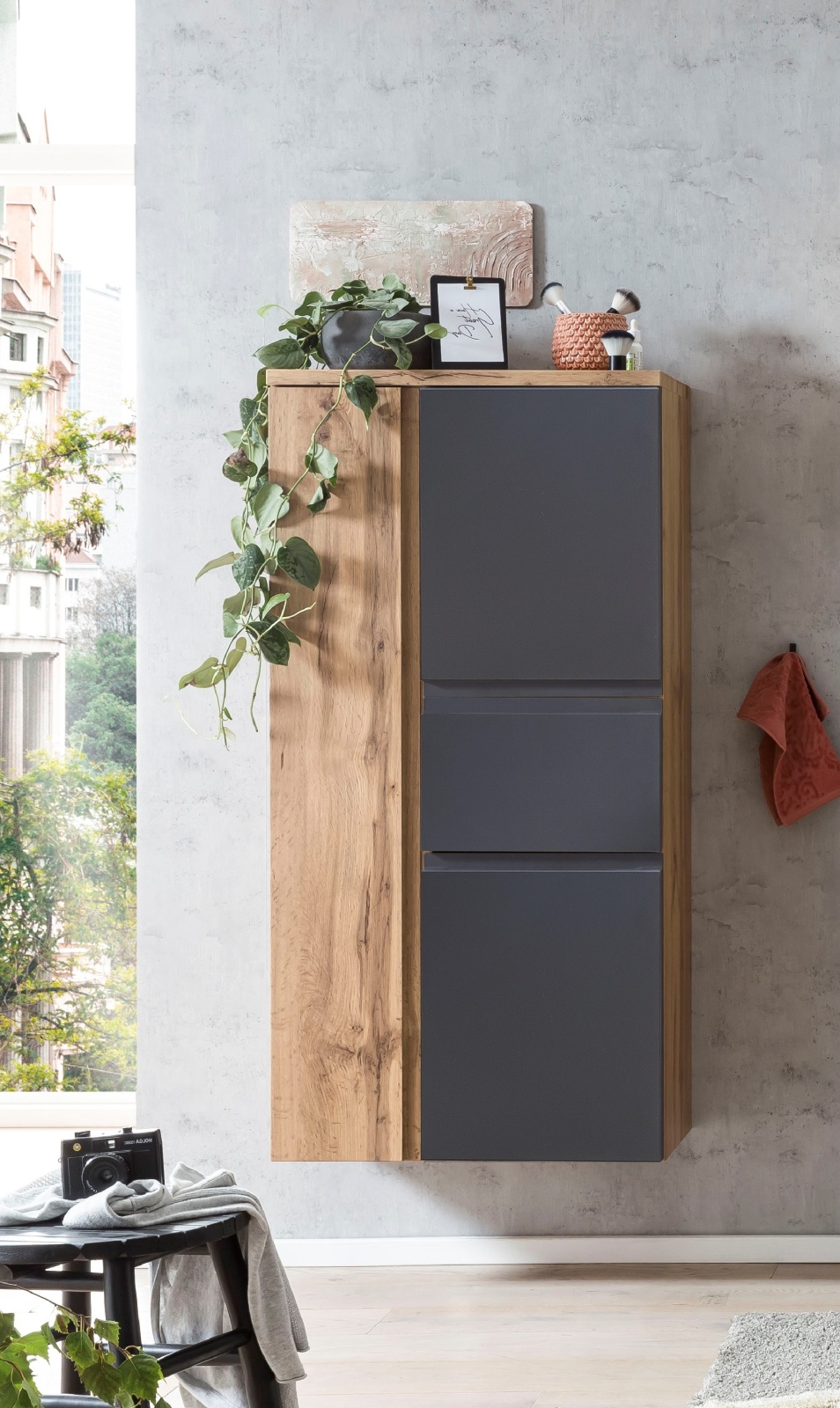 Midischrank - Wotaneiche - grau matt - 65 cm
