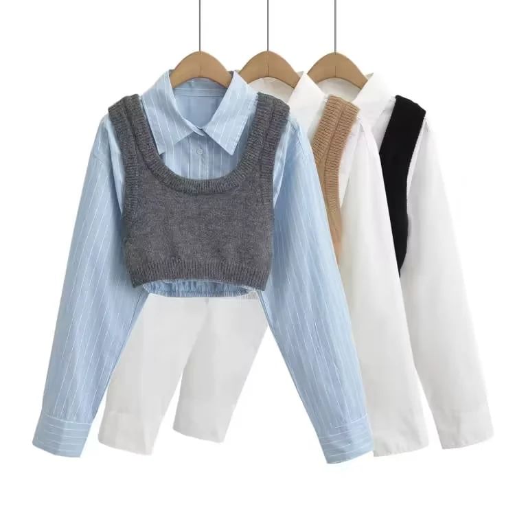 Florentine - Set: Lange mouwen overhemd met knoopjes + effen vest met ronde hals