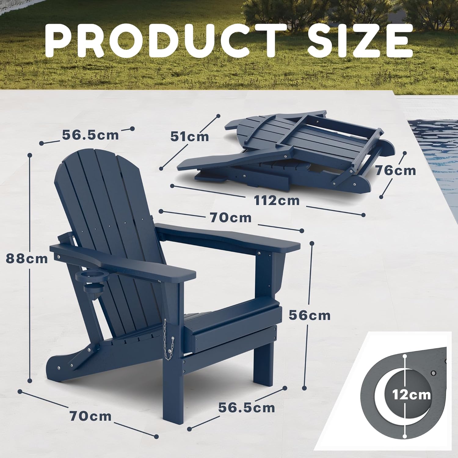 Adirondack Stuhl,HDPE-Wetterfester Klapp-Adirondack-Stuhl mit Becherhalter für Garten,Terrasse,Hinterhof,Patio(Blau)