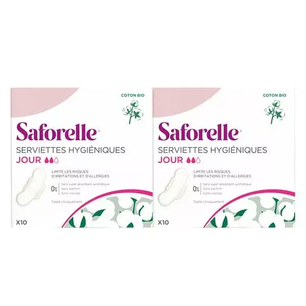 Absorventes higiênicos Saforelle de algodão orgânico com abas - Uso diurno - Pacote com 2 x 10 absorventes