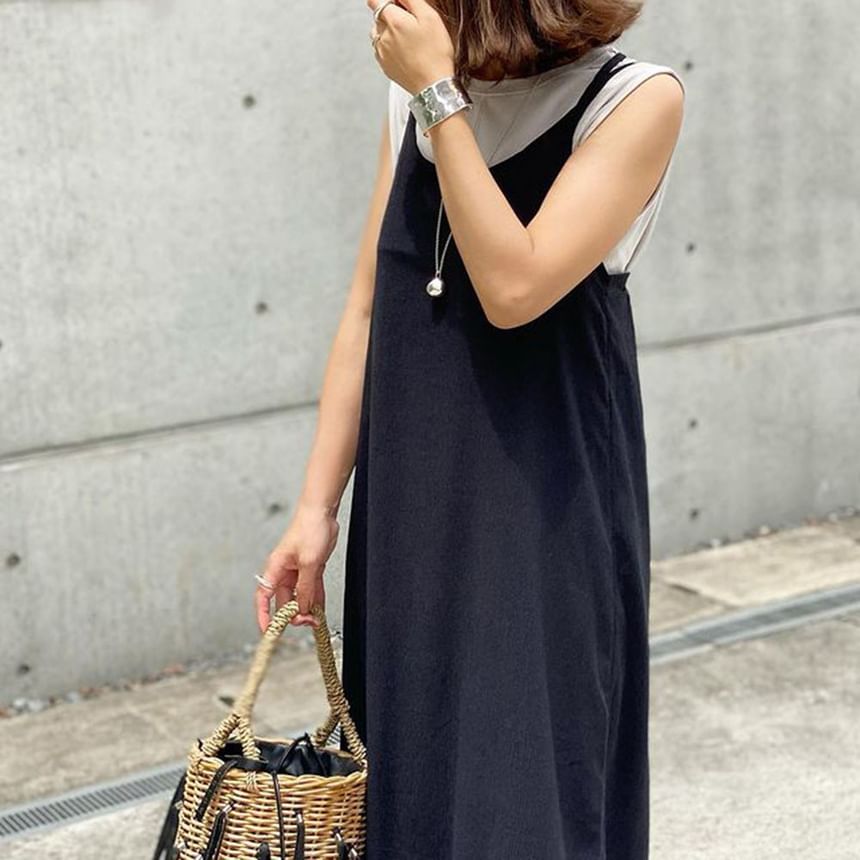 Lewwe - Spaghettibandjes Scoop Neck Effen Maxi Overall Jurk