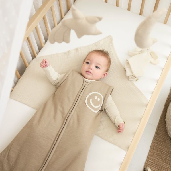 Meyco Baby Smile Slaapzak Met Afritsbare mouw - 90 cm - Slub - Taupe/Offwhite