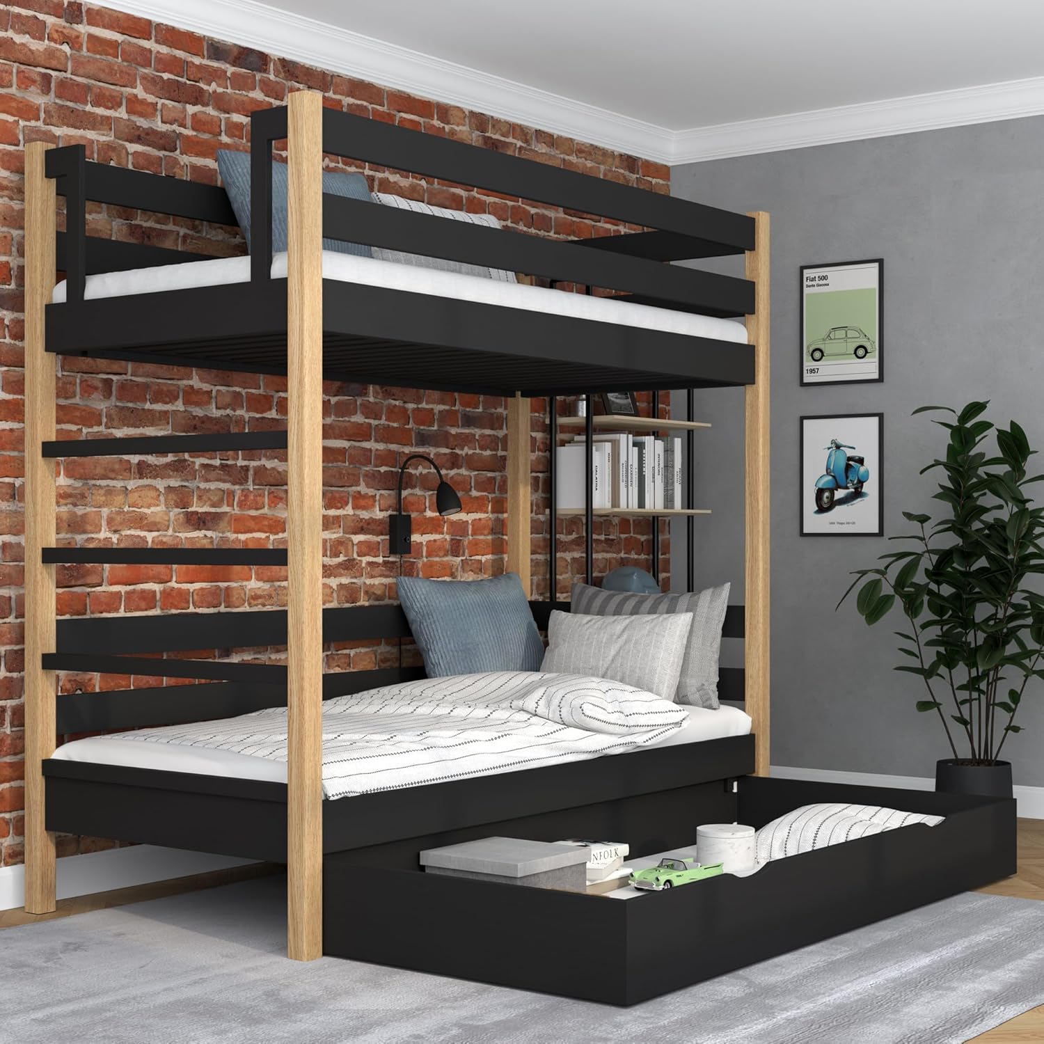 N03 Etagenbett mit Schublade, Kinderbett 90x200 cm, für 2 Kinder, 2 Leitermontageseiten: Links oder rechts, abgerundete Kanten, Massivholzkonstruktion, Hochwertige Materialien, Schwarzeiche
