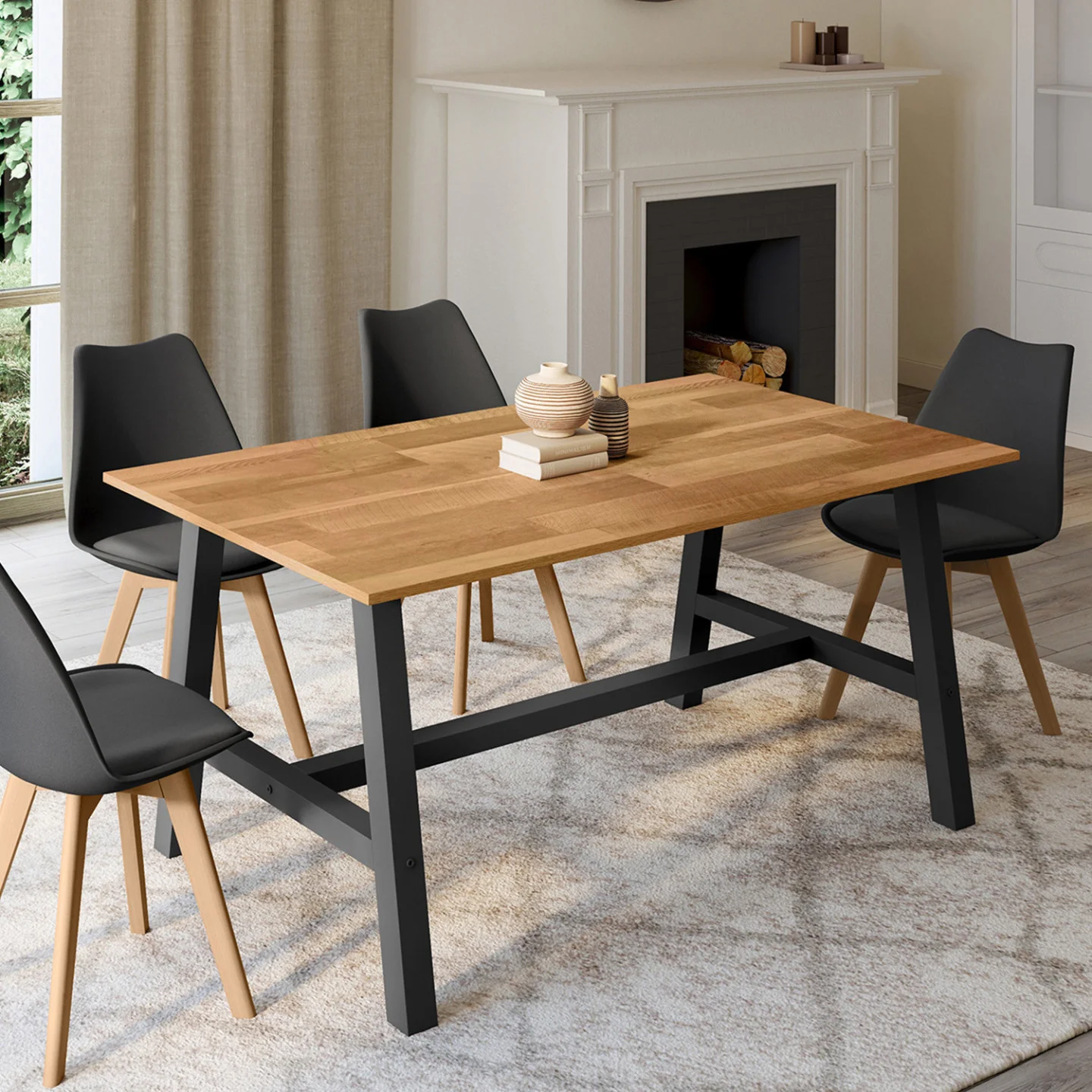 Table à manger extensible rectangle MADELEINE 6-12 personnes bois et métal noir 160-240 cm