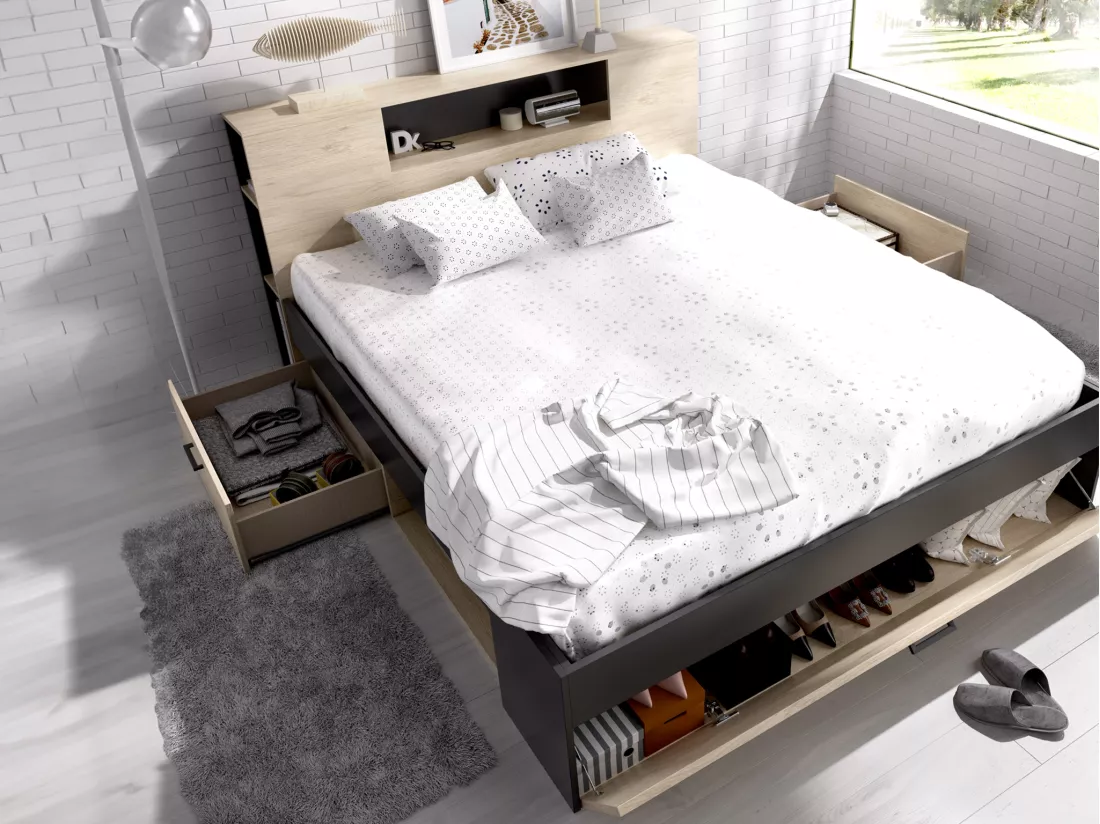Lit avec tête de lit rangements et tiroirs - 180 x 200 cm - Coloris : Naturel et anthracite + Sommier - LEANDRE