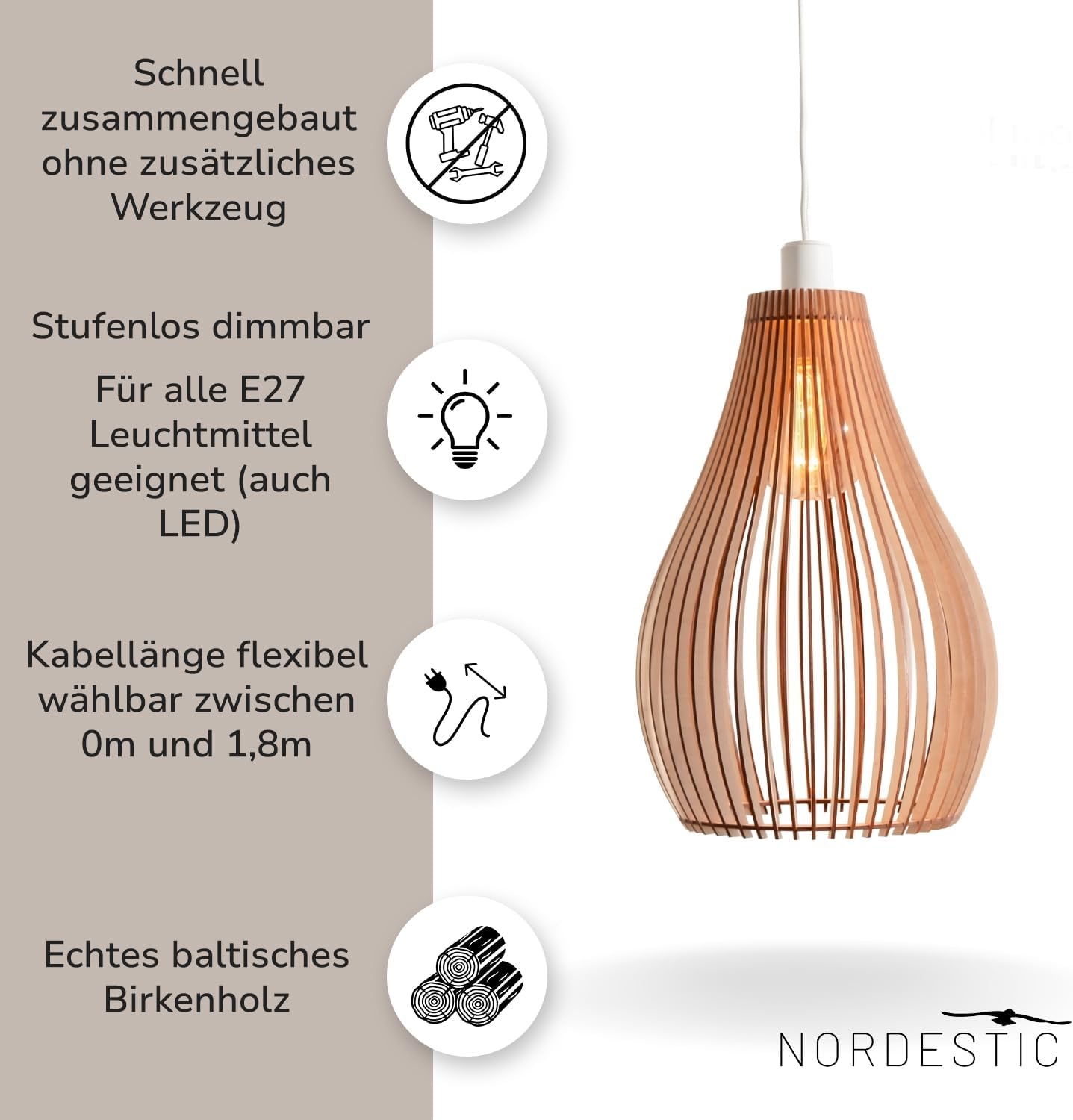 Pendelleuchte Holz „Loki, skandinavische Hängelampe Esstisch + Wohnzimmer, Boho Hängeleuchte höhenverstellbar + dimmbar mit E27 Fassung (Höhe x Durchmesser 30 cm x 22 cm)
