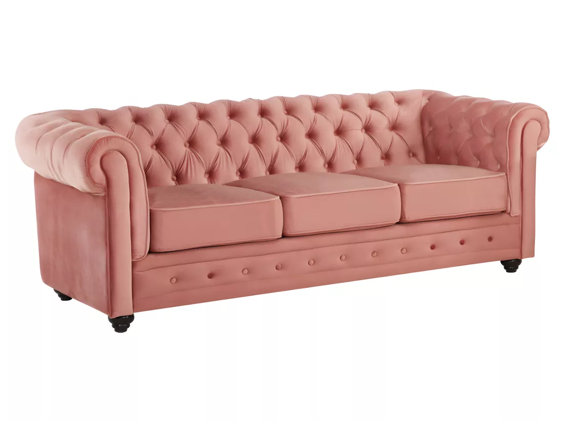 Canapés 3 places et 2 places en velours rose pastel CHESTERFIELD