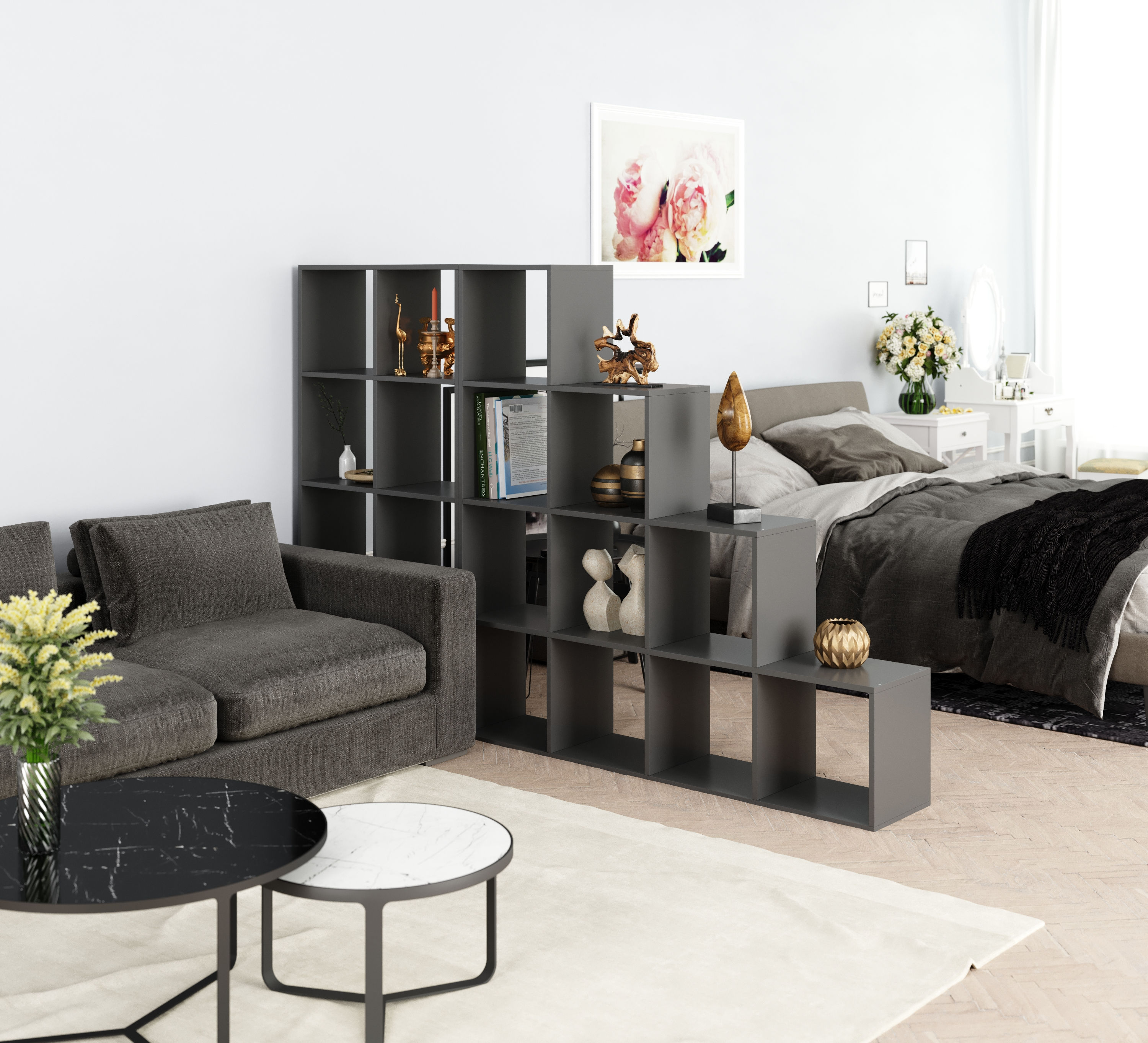 Bücherregal Raumteiler LIAM 8 Fächer 72 x 142 cm schwarz