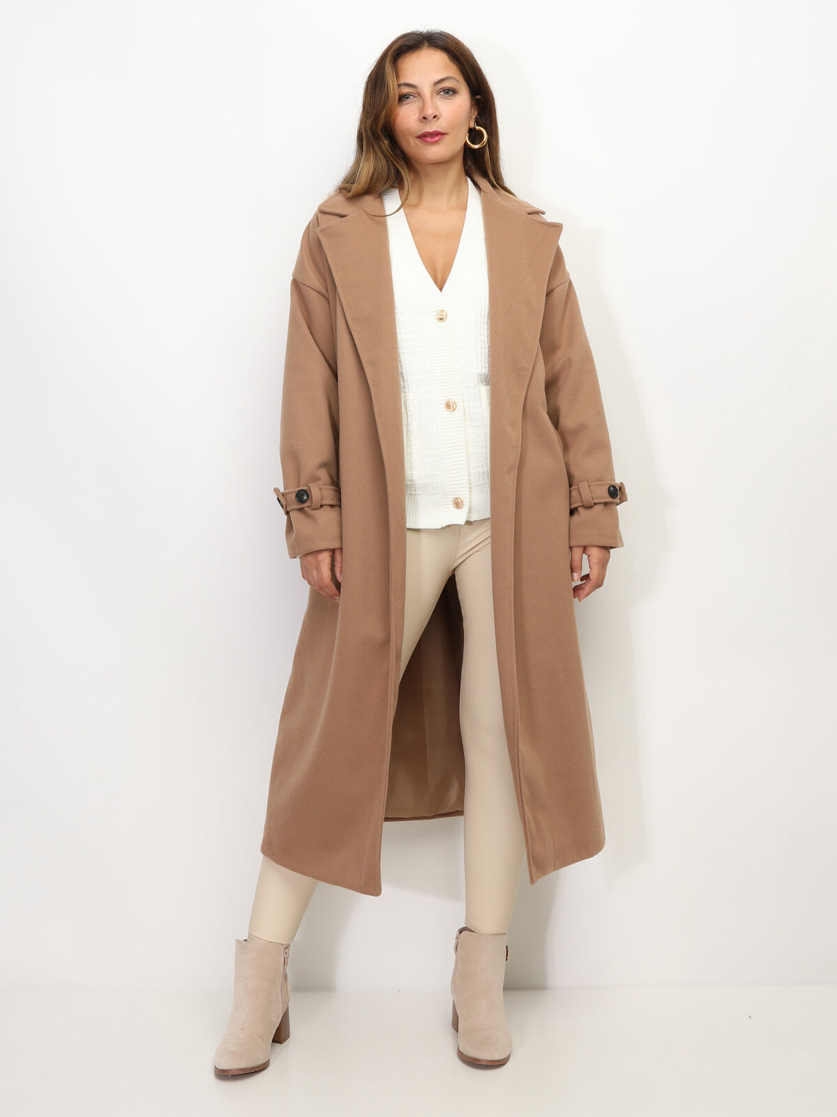 Manteau long oversize à ceinture- Marron clair