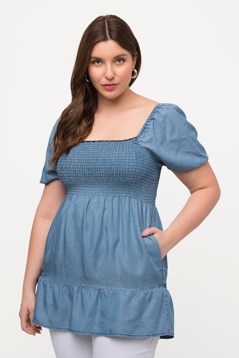 Smok-Longbluse, A-Linie, Carree-Ausschnitt, Halbarm