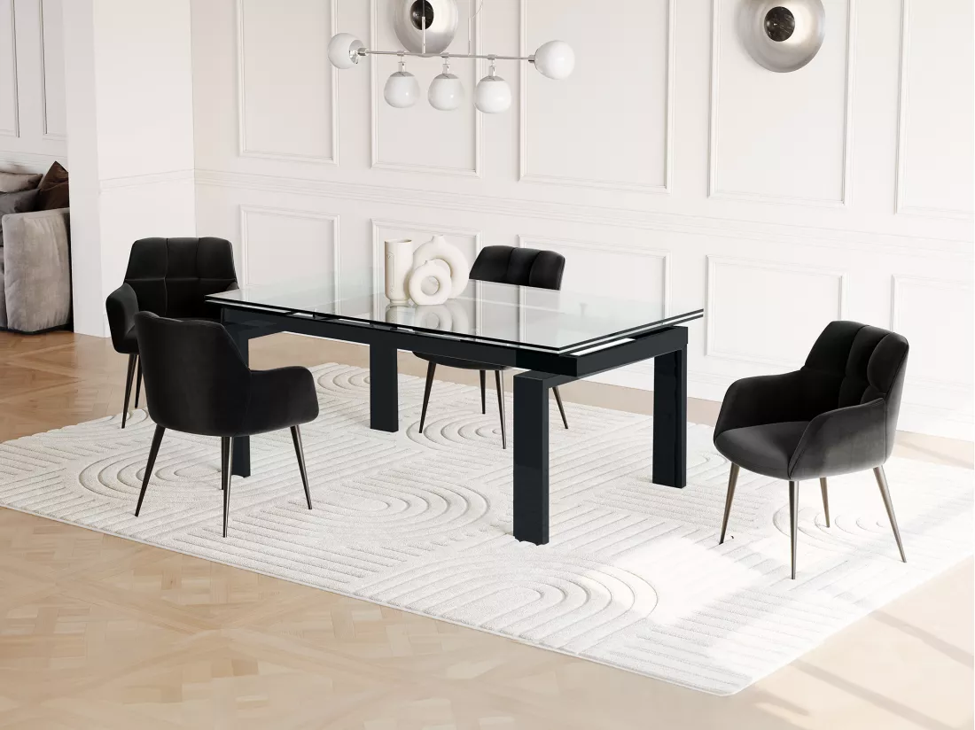 Table à manger extensible LUBANA - Verre trempé & métal - Noir - 8 à 10 personnes