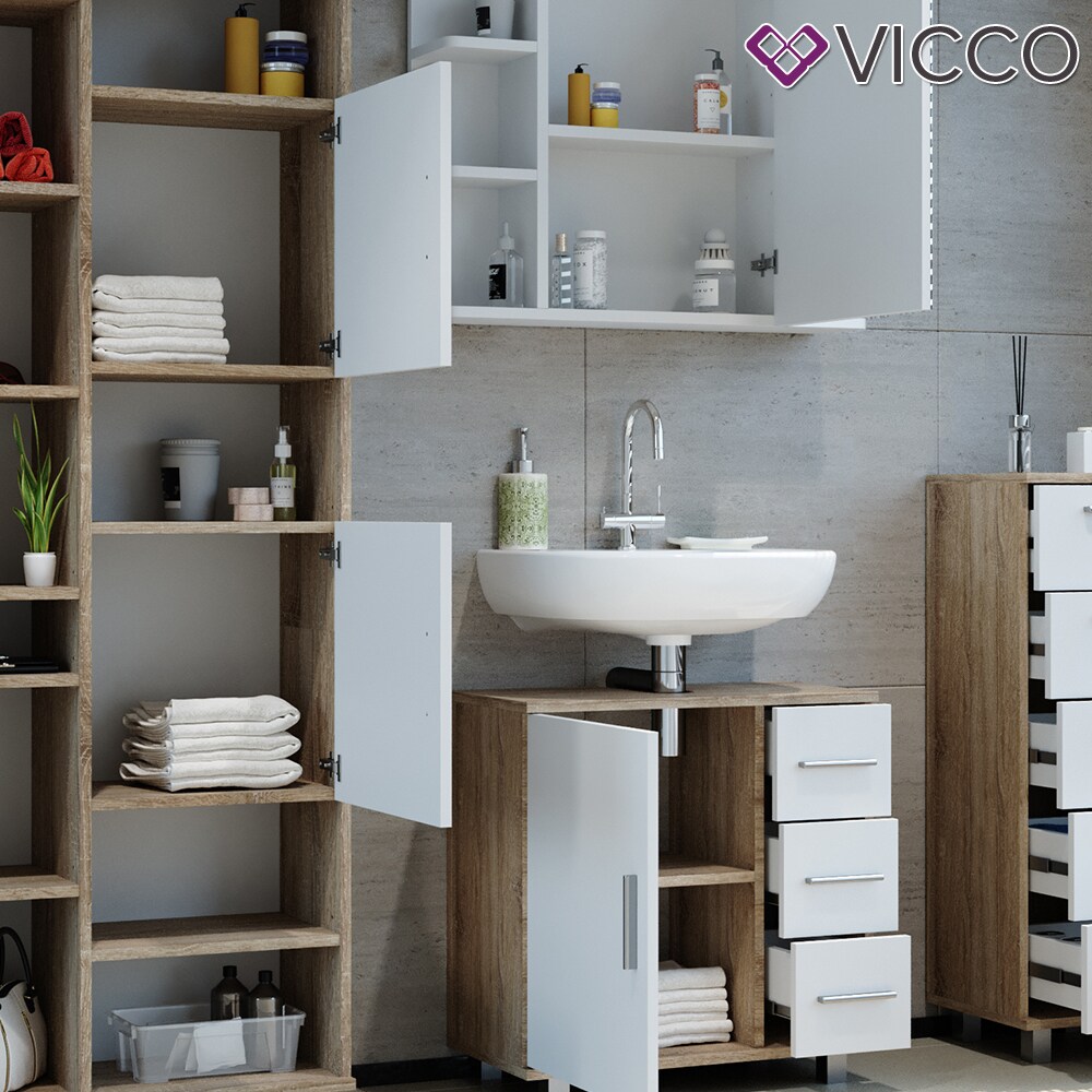 VICCO Badmöbel Set ILIAS Weiß Eiche Bad Spiegel Kommode Unterschrank Badschrank