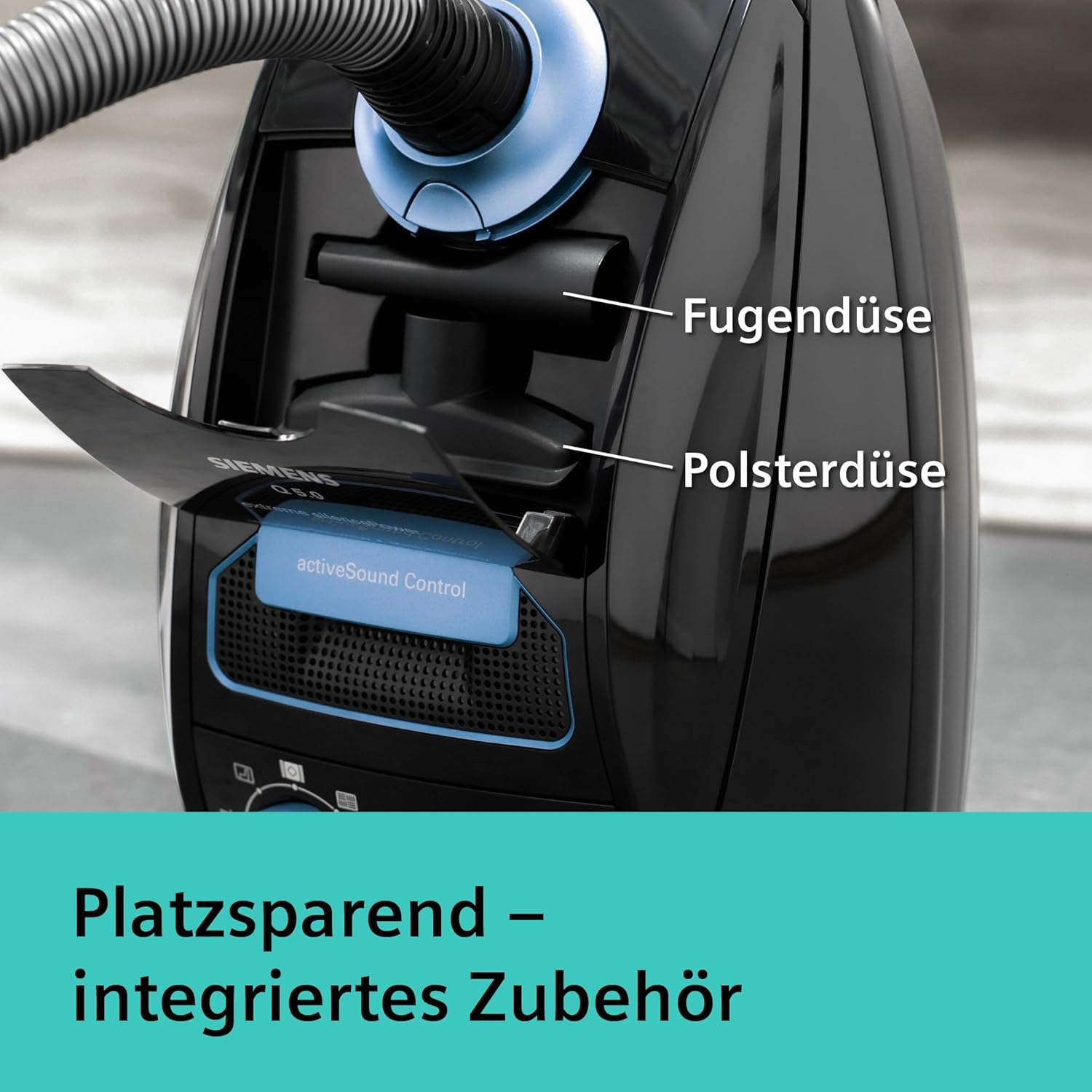 Siemens Staubsauger mit Beutel Q5.0 Extreme silencePower VSQ5X1232, für Allergiker, Hygiene-Filter, Starke Saugleistung: Parkett, Teppich, Fliesen, langes Kabel, Made in Germany, 850 W, schwarz