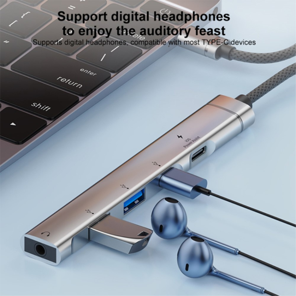 USB C 5 in 1 Multiport Adapter HUB mit 2x USB C (1x PD) / 2x USB 2.0 / 1x 3.5 mm Klinke - Silber
