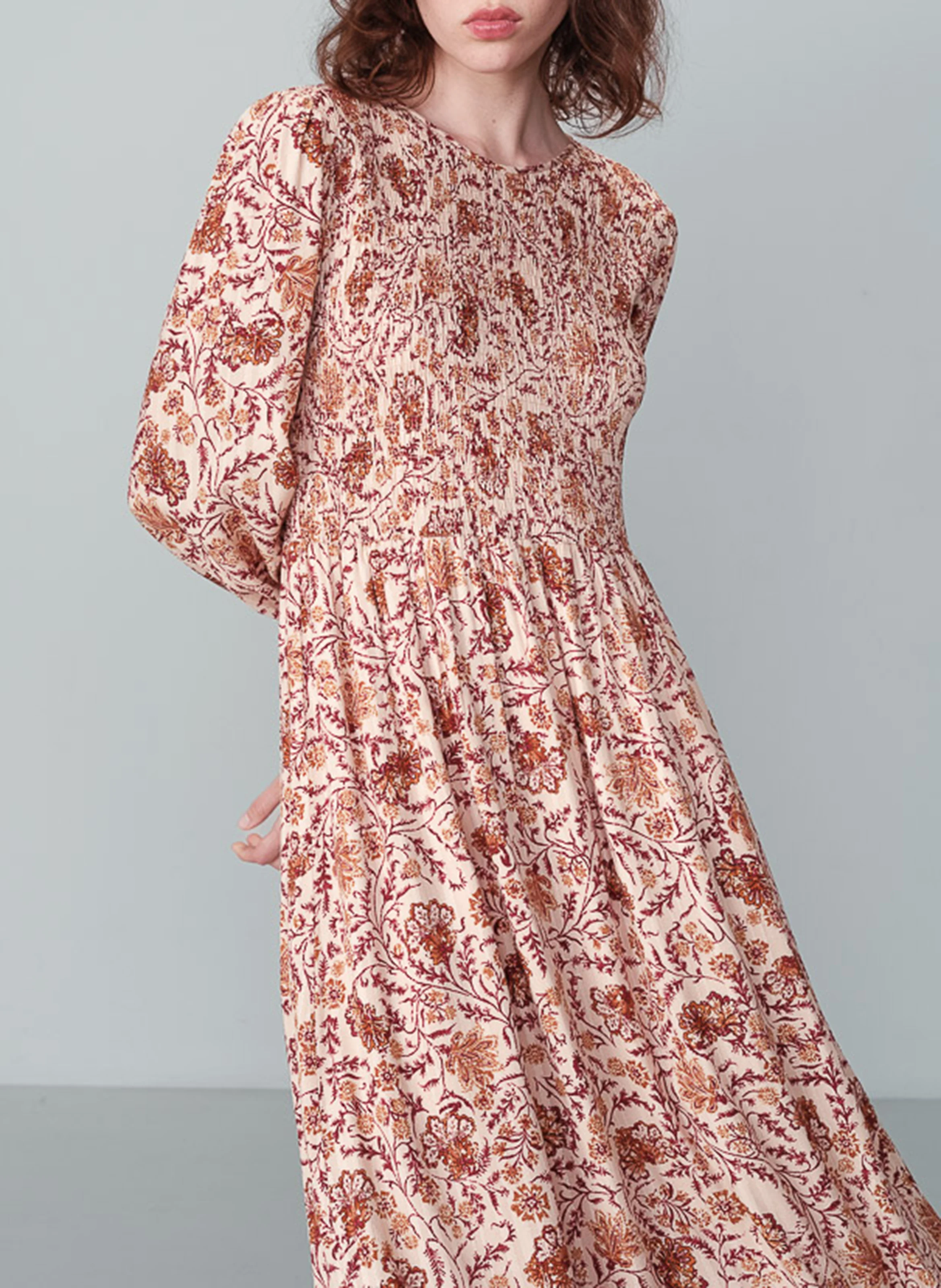 NOVA - Robe longue imprimée à smocks | Beige