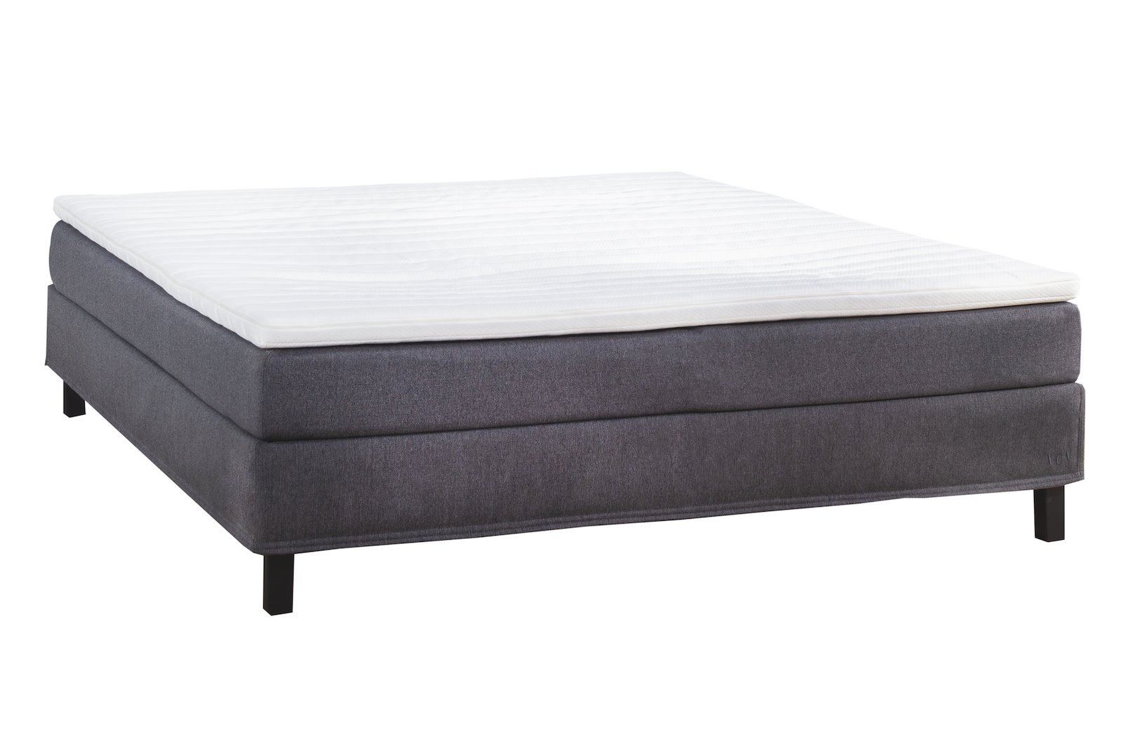 Komfort 1 kontinentalseng 150x200 cm i tekstil Juno Grå 96, XOV Komfort 3 overmadrass og firkantet sort ben 15 cm