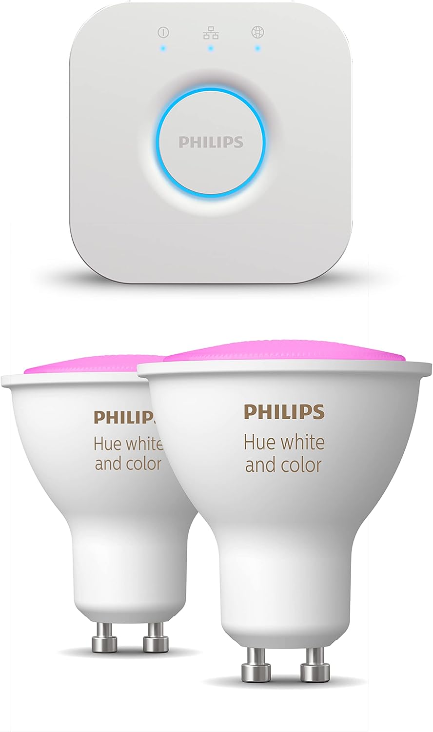 Philips Hue Starterpaket - GU10 - mit 2 Spots - Weißes und Farbiges Licht - inkl. 1 Hue Bridge - Hue White and Color Ambiance