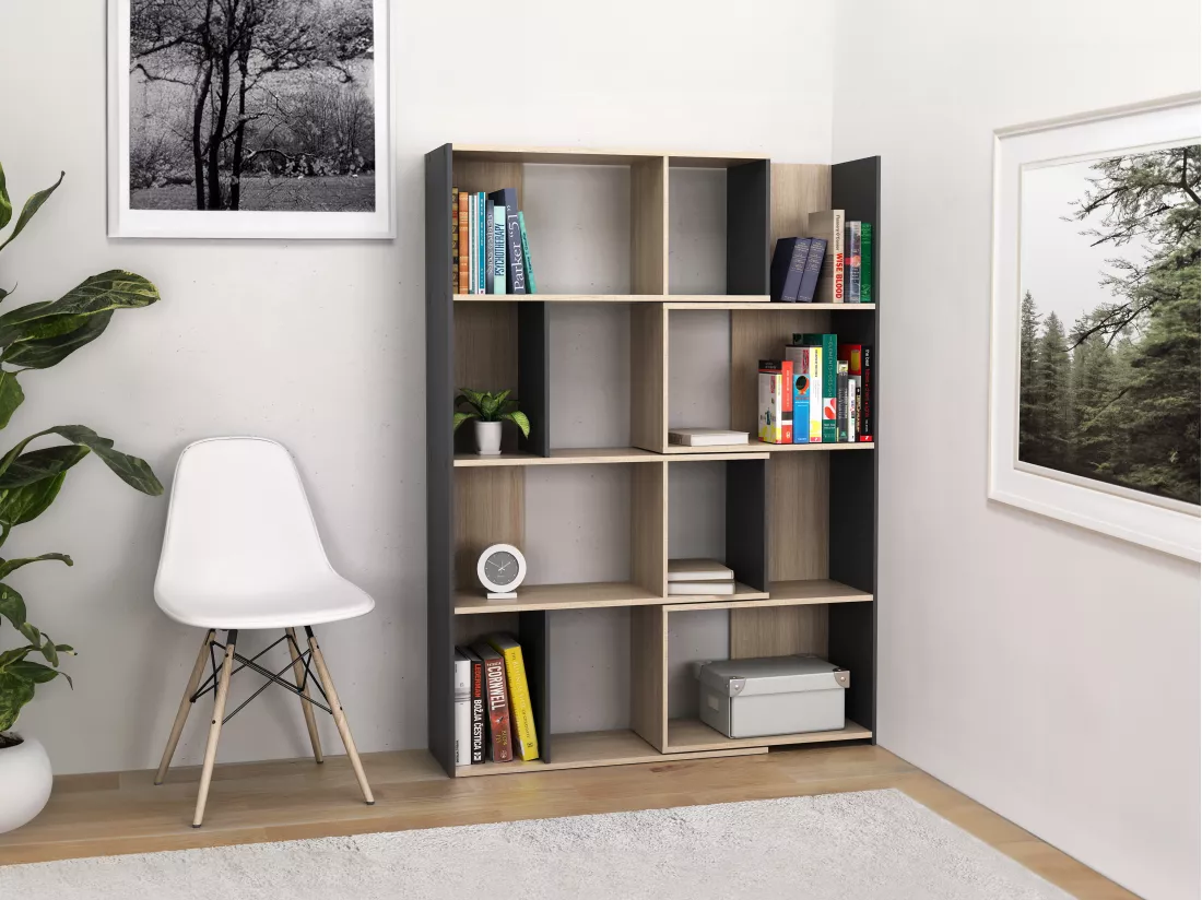 Bibliothèque d'angle modulable - 8 à 12 niches - Naturel et Anthracite - DARLENA